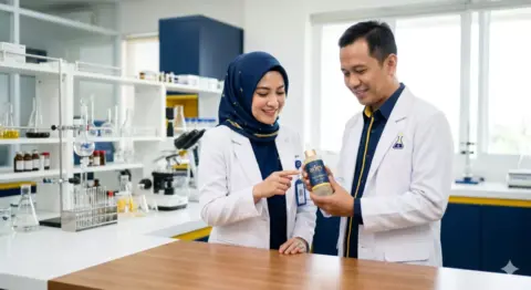 Dokter dan ilmuwan di laboratorium memeriksa produk skincare berizin BPOM untuk legalitas tenaga medis.