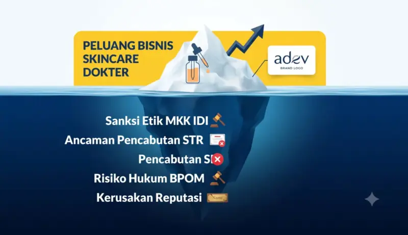 Infografis iceberg risiko dokter berbisnis skincare: peluang di atas vs ancaman STR SIP dan sanksi IDI di bawah