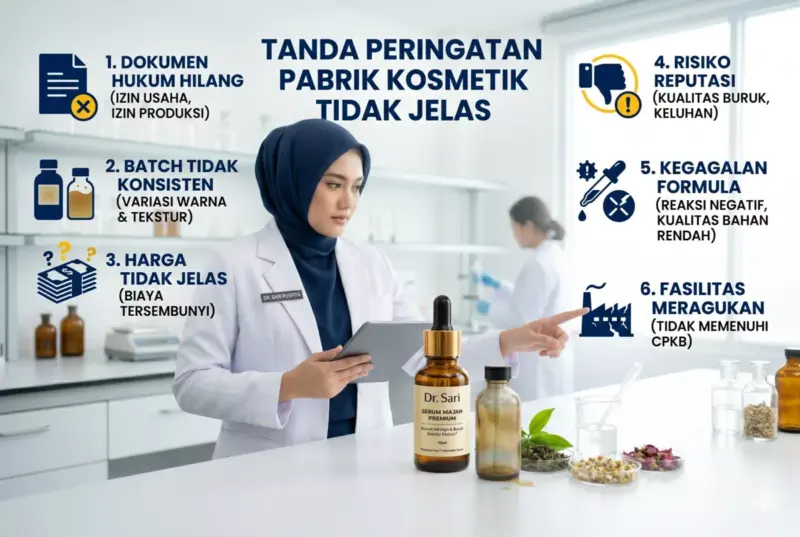 Infografis risiko pabrik maklon tanpa verifikasi legalitas dan kualitas