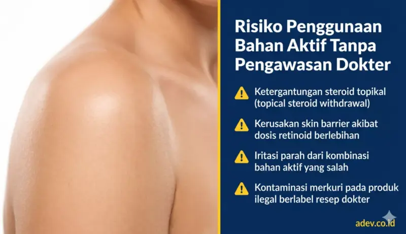 Infografis risiko penggunaan bahan aktif skincare keras tanpa pengawasan dokter: ketergantungan steroid, kerusakan skin barrier, iritasi parah