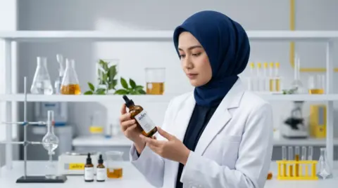 Dokter berhijab memegang botol skincare adev di laboratorium, memahami risiko pencabutan STR dan SIP akibat bisnis kosmetik.