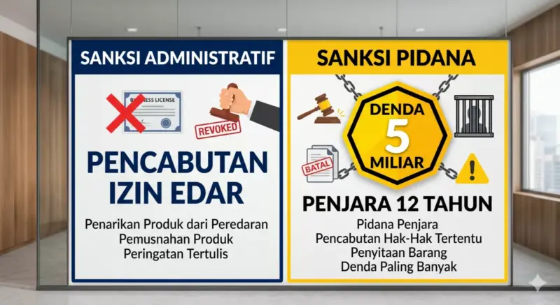 Perbandingan sanksi administratif pencabutan nomor notifikasi dan sanksi pidana denda 5 miliar rupiah dari BPOM.