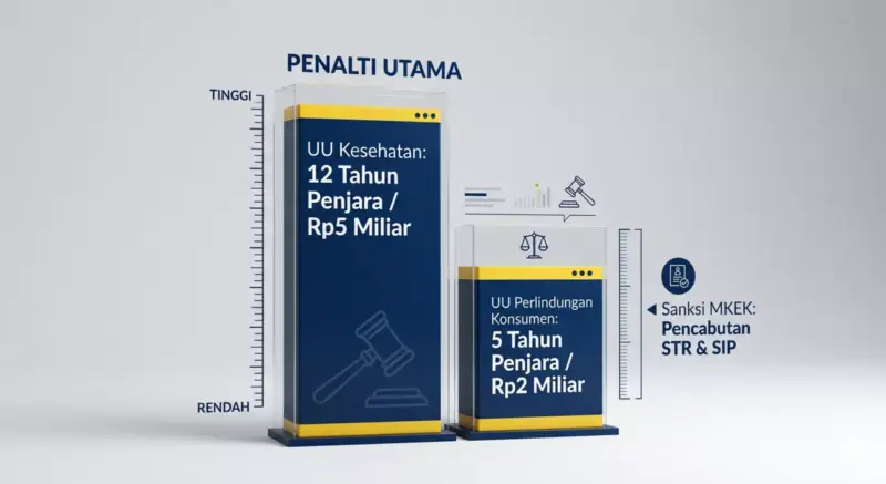 Grafik visualisasi sanksi hukum denda 5 milyar dan 12 tahun penjara akibat risiko hukum krim racikan tanpa BPOM.