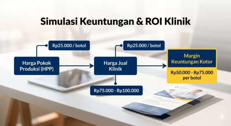 Bagan alur simulasi perhitungan modal HPP, harga jual klinik, dan margin keuntungan bersih bisnis skincare dokter.