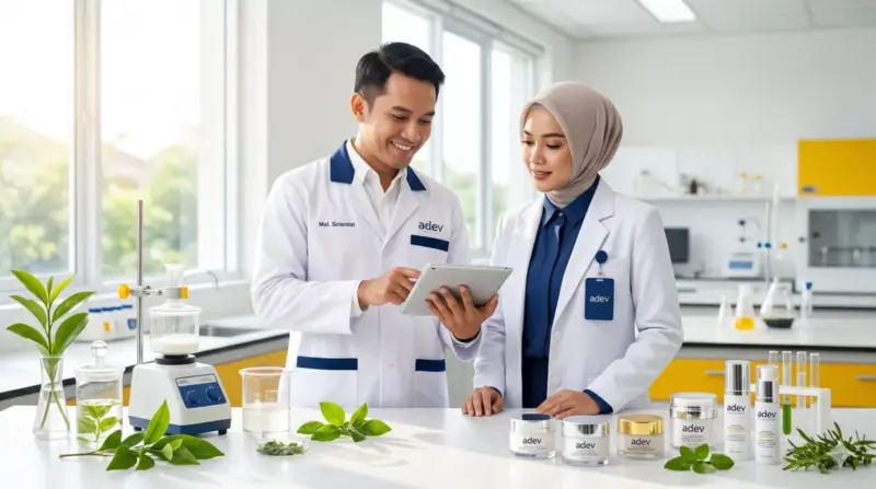 Tim saintis kosmetik maklon adev berdiskusi bersama dokter spesialis tentang formulasi aman berizin BPOM di laboratorium.