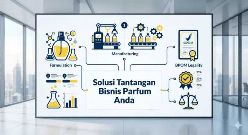 Infografis tantangan bisnis parfum seperti konsep aroma dan legalitas BPOM yang diselesaikan oleh Adev.