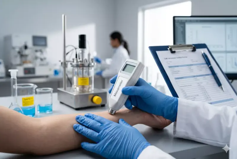 Ilmuwan kosmetik menggunakan alat Mexameter untuk uji klinis efikasi skincare brightening di laboratorium dermatologi