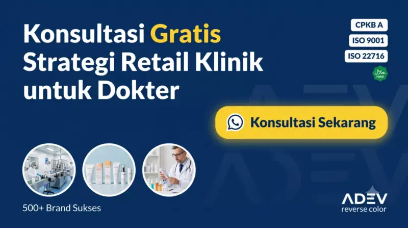 Banner konsultasi gratis strategi retail klinik untuk dokter — ADEV maklon skincare dengan sertifikasi CPKB A, ISO 9001, ISO 22716, Halal