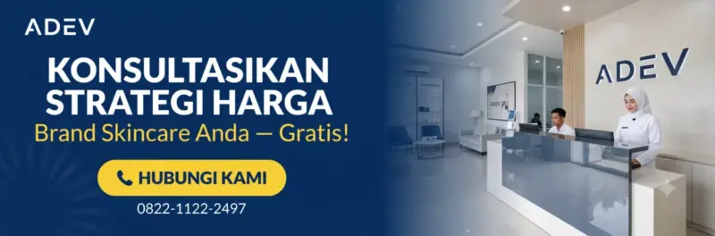 Banner CTA "Konsultasikan Strategi Harga Brand Skincare Anda — Gratis!" dengan tombol Hubungi Kami dan foto showroom ADEV Bogor.