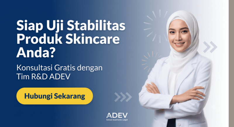 Banner call-to-action konsultasi gratis uji stabilitas produk skincare dengan tim R&D ADEV untuk dokter.
