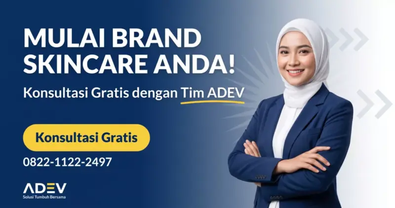 Banner call-to-action "Mulai Brand Skincare Anda! Konsultasi Gratis dengan Tim ADEV" untuk dokter dengan tombol kuning.