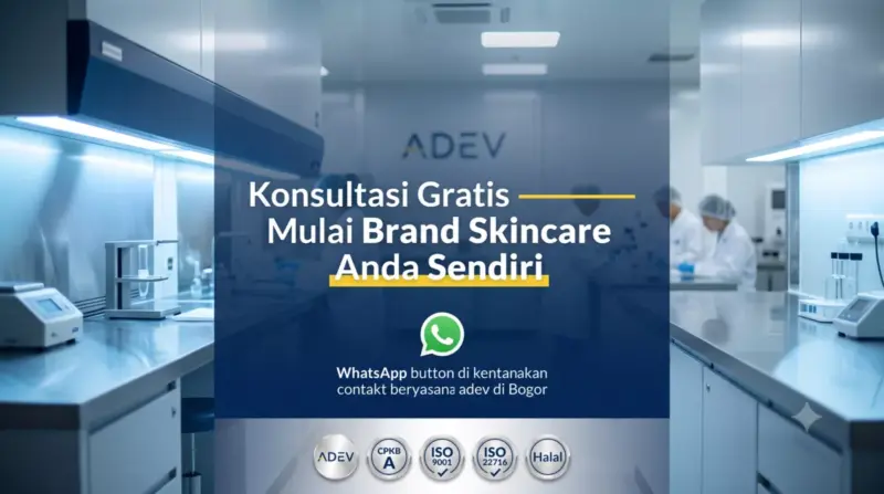 Banner konsultasi gratis mulai brand skincare sendiri dengan latar laboratorium ADEV, tombol WhatsApp, dan sertifikasi CPKB A ISO 9001 ISO 22716 Halal