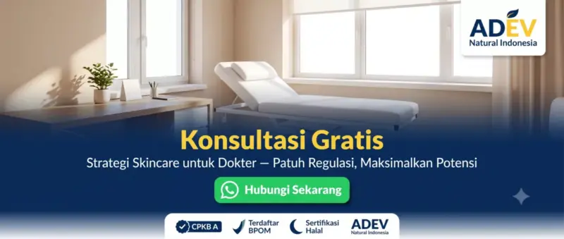 Banner CTA konsultasi gratis strategi skincare untuk dokter dengan latar klinik modern, tombol WhatsApp, dan logo ADEV Natural Indonesia serta badge sertifikasi CPKB A BPOM dan Halal
