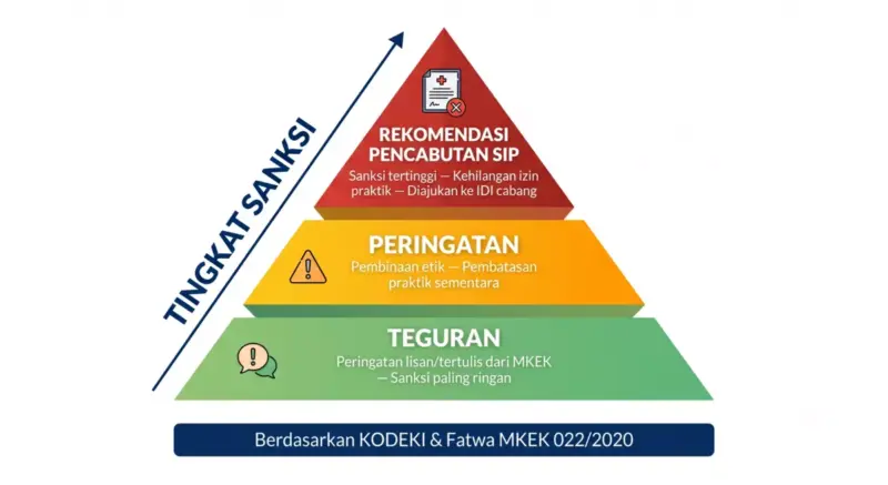 Diagram piramida 3 tingkat sanksi etik untuk dokter yang melanggar aturan iklan skincare: Teguran (hijau), Peringatan (kuning-oranye), Rekomendasi Pencabutan SIP (merah)