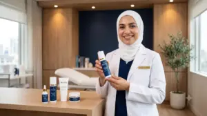 Dokter perempuan berhijab tersenyum memegang produk skincare brand miliknya di ruang konsultasi klinik modern.