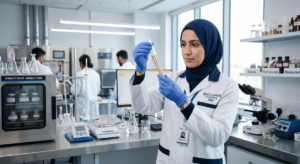 okter perempuan berhijab memegang tabung sampel skincare di laboratorium R&D modern dengan peralatan uji stabilitas.