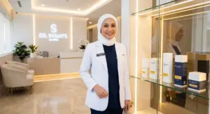 Dokter perempuan berhijab berjas putih berdiri di samping etalase kaca berisi produk skincare brand sendiri di klinik modern