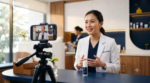 Dokter dengan jas putih merekam video edukasi skincare menggunakan smartphone di klinik modern.
