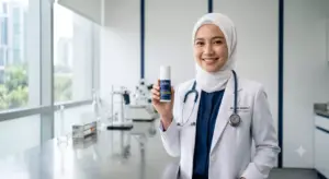 Dokter wanita berhijab memegang botol serum airless pump premium ADEV di laboratorium klinik bersih