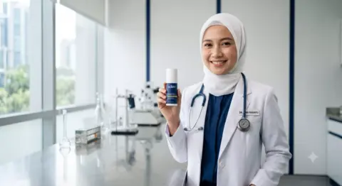Dokter wanita berhijab memegang botol serum airless pump premium ADEV di laboratorium klinik bersih