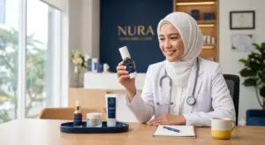 Dokter perempuan berhijab dengan stetoskop memegang produk skincare premium di meja konsultasi klinik modern minimalis.
