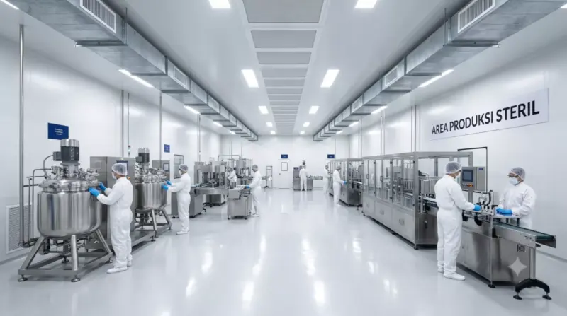 Ruang produksi clean room pabrik maklon kosmetik berstandar CPKB dengan sistem HVAC terkontrol dan pekerja berpakaian steril