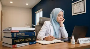Dokter perempuan berhijab dengan jas putih bingung di depan laptop dengan tumpukan buku regulasi PerBPOM 18/2024 dan KODEKI di klinik minimalis
