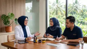 Dokter berhijab konsultasi maklon skincare dengan tim ADEV di ruang meeting