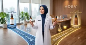 Dokter berhijab membandingkan formulasi eksklusif dan formulasi dasar skincare di ruang meeting ADEV