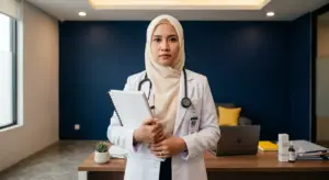 Dokter perempuan berhijab dengan jas putih memegang laporan keuangan di klinik modern dengan ekspresi serius dan tegas