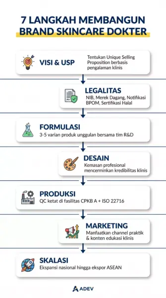 Infografik vertikal 7 langkah membangun brand skincare dokter: Visi, Legalitas, Formulasi, Desain, Produksi, Marketing, Skalasi.