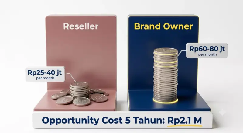 Infografik perbandingan margin Reseller Rp25-40 juta per bulan vs Brand Owner Rp60-80 juta per bulan dengan opportunity cost 5 tahun Rp2,1 miliar