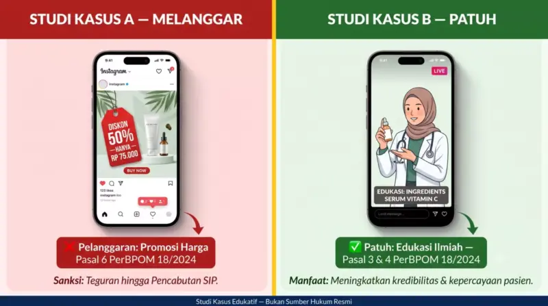 Infografik perbandingan studi kasus iklan skincare dokter: Kasus A (Merah) melanggar dengan promosi harga diskon 50 persen di Instagram vs Kasus B (Hijau) patuh dengan edukasi ingredients Vitamin C via IG Live