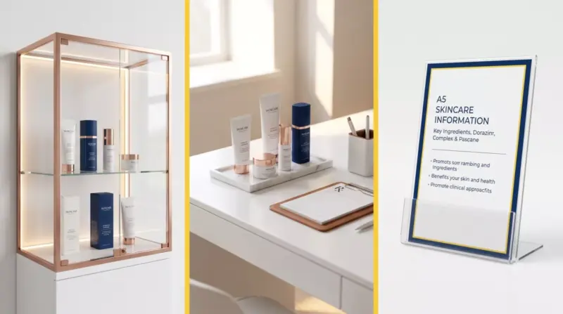 Mood board 3 panel display klinik premium: etalase kaca LED, meja konsultasi produk, dan kartu informasi produk A5