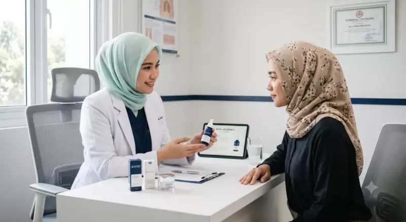 Dokter perempuan berhijab menjelaskan produk skincare ke pasien perempuan di ruang konsultasi klinik