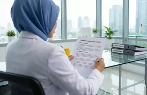 Dokter memeriksa kontrak maklon kosmetik dokter sebelum kerja sama produksi skincare