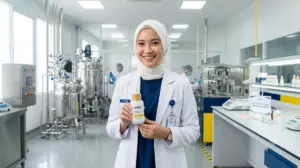 Dokter perempuan berhijab memegang produk skincare di laboratorium pabrik maklon bersertifikasi BPOM