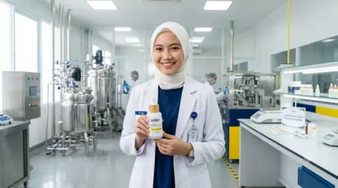 Dokter perempuan berhijab memegang produk skincare di laboratorium pabrik maklon bersertifikasi BPOM