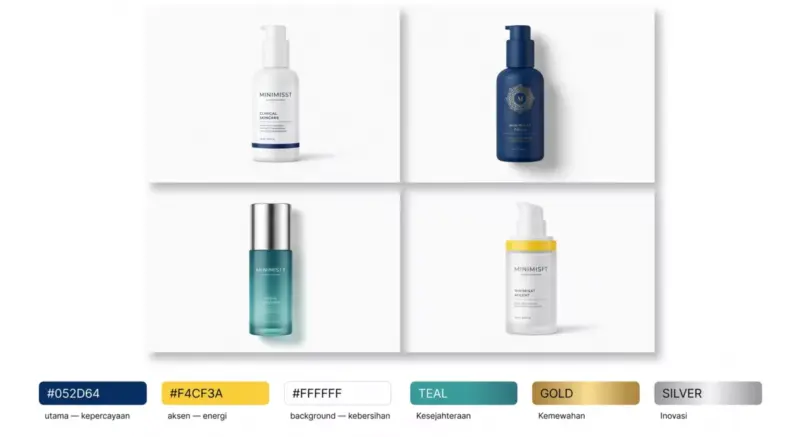 Moodboard palet warna desain kemasan skincare klinis putih navy teal gold silver untuk brand dokter