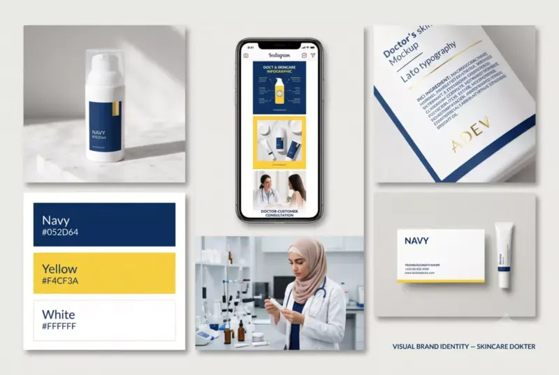 Moodboard visual brand identity skincare dokter: mockup produk, feed Instagram, palet warna, label detail, dan foto dokter.