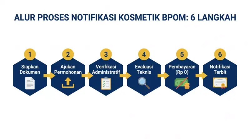 Flowchart 6 langkah cara mengurus notifikasi BPOM kosmetik gratis 2026 dari siapkan dokumen hingga terbit notifikasi