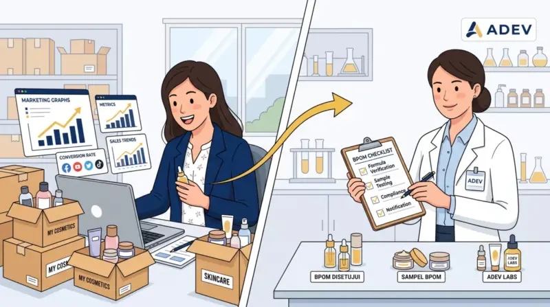 Ilustrasi perbandingan: brand owner fokus marketing sementara ADEV urus dokumen BPOM gratis