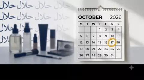 Kalender Oktober 2026 dengan tanggal 17 dilingkari kuning sebagai deadline wajib halal kosmetik