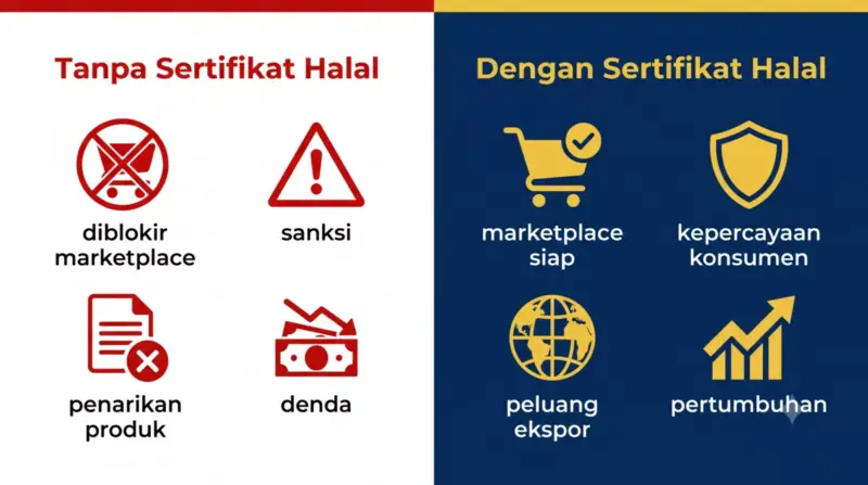 Perbandingan konsekuensi tanpa sertifikat halal (denda, banned marketplace) vs dengan sertifikat halal (market access, kepercayaan konsumen)