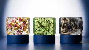 Tiga sabun transparan maklon ADEV dengan botanical filling berbeda: bunga, green tea, dan charcoal di atas display Navy