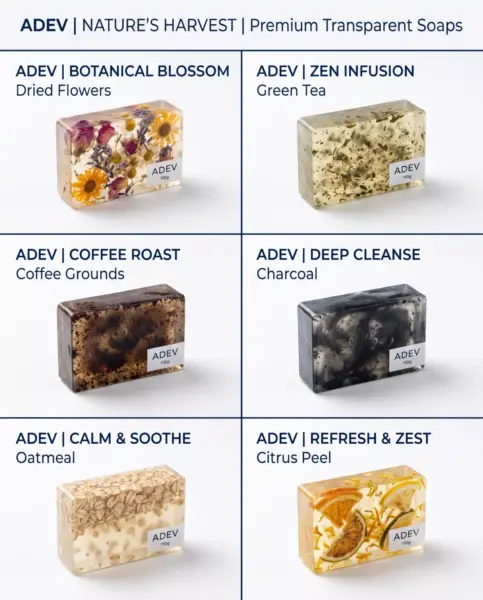 Grid 6 varian sabun transparan maklon ADEV dengan botanical filling: dried flowers, green tea, coffee, charcoal, oatmeal, citrus peel