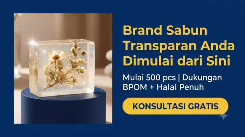 Banner ajakan memulai brand sabun transparan dengan maklon ADEV dari 500 pcs dengan dukungan BPOM dan Halal full