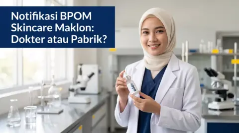Dokter wanita berhijab memegang produk skincare berlabel adev di laboratorium modern — ilustrasi notifikasi BPOM maklon skincare