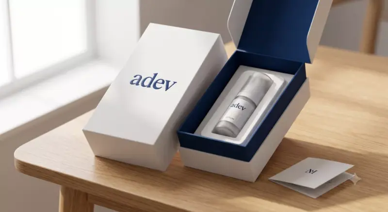 Box kemasan sekunder premium doff dengan logo ADEV emboss menampilkan pengalaman unboxing botol serum