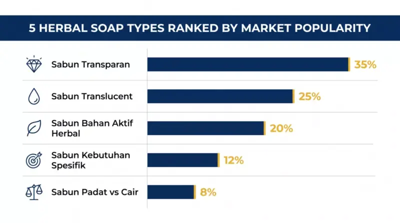 Infografik 5 jenis sabun herbal paling laris: sabun transparan, translucent, bahan aktif herbal, kebutuhan spesifik, dan sabun padat vs cair